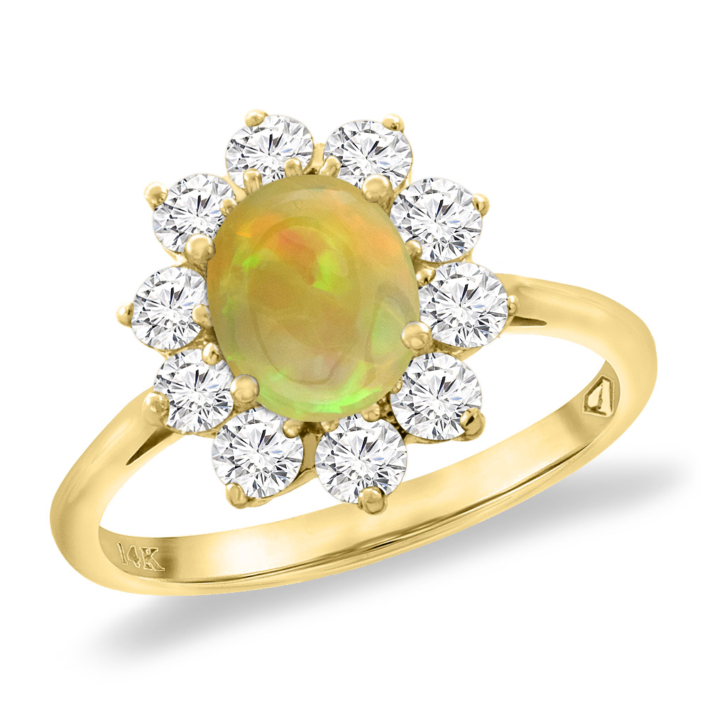14K Yellow Gold Diamond Natural Ethiopian Opal Engagement Ring Oval 8x6 mm, sizes 5 -10