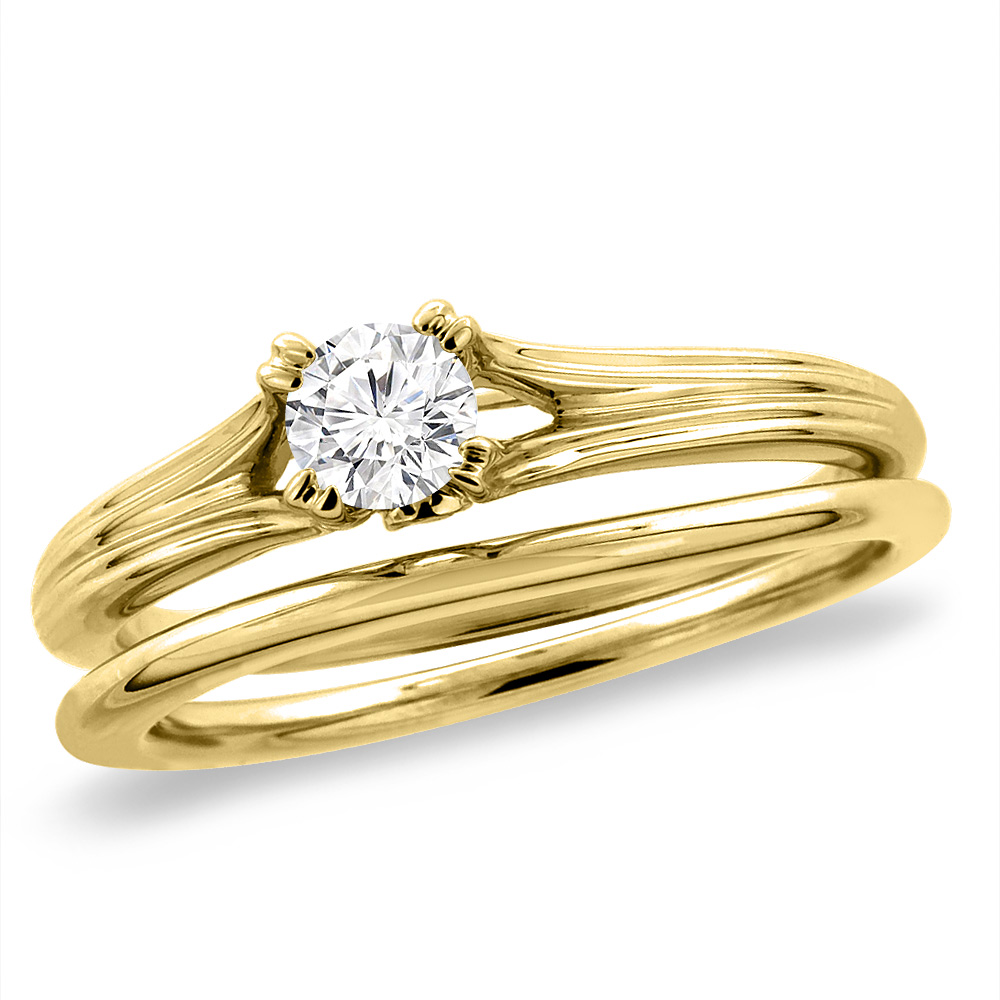 14K Yellow Gold 1 ct Cubic Zirconia 2pc Solitaire Engagement Ring Set Round 6 mm, sizes 5-10