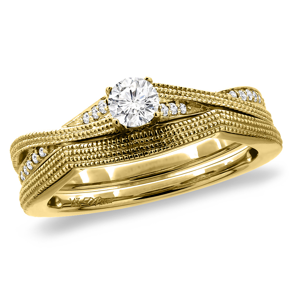 14K Yellow Gold 0.25 ct Cubic Zirconia 2pc Engagement Ring Set Round 4 mm, sizes 5 - 10