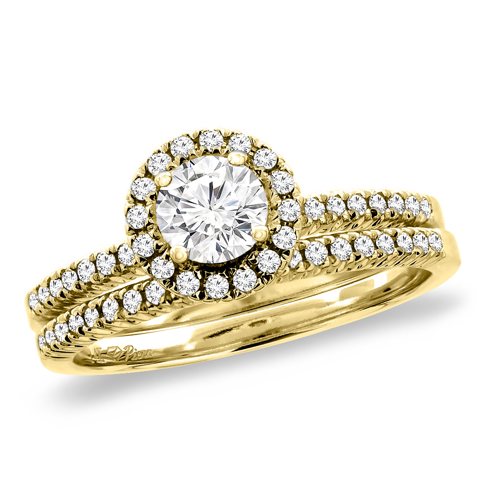 14K Yellow Gold 0.25 ct Cubic Zirconia 2pc Halo Engagement Ring Set Round 4 mm, size5-10