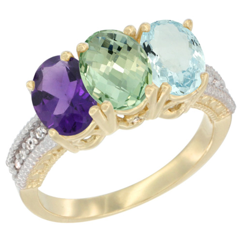 10K Yellow Gold Diamond Natural Purple & Green Amethysts & Aquamarine Ring Oval 3-Stone 7x5 mm,sizes 5-10