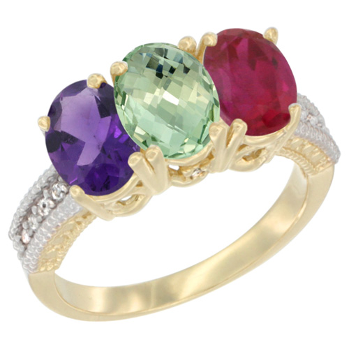 10K Yellow Gold Diamond Natural Purple & Green Amethysts & Enhanced Ruby Ring Oval 3-Stone 7x5 mm,sizes 5-10