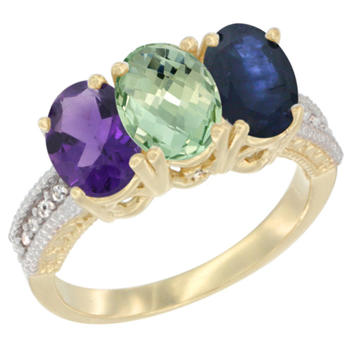 10K Yellow Gold Diamond Natural Purple & Green Amethysts & Blue Sapphire Ring Oval 3-Stone 7x5 mm,sizes 5-10
