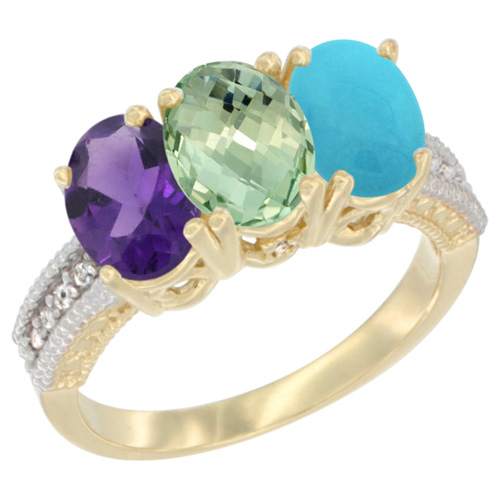 10K Yellow Gold Diamond Natural Purple & Green Amethysts & Turquoise Ring Oval 3-Stone 7x5 mm,sizes 5-10