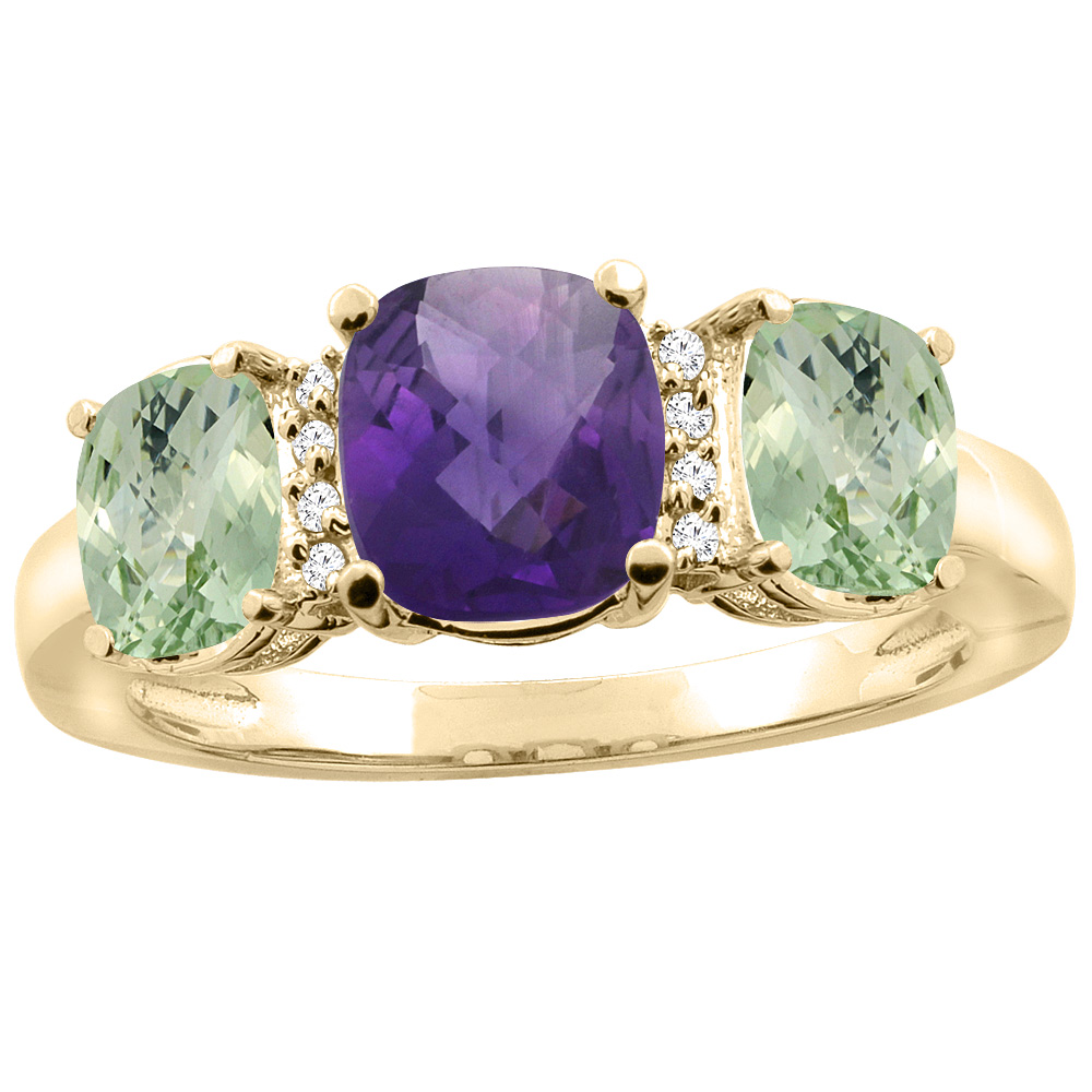 10K Yellow Gold Natural Amethyst & Green Amethyst 3-stone Ring Cushion 8x6mm Diamond Accent, sizes 5 - 10