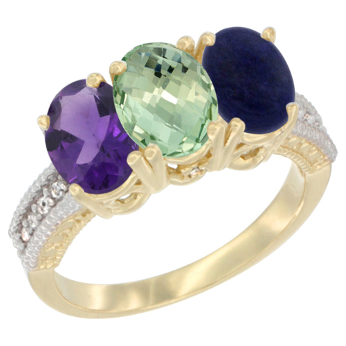 10K Yellow Gold Diamond Natural Purple & Green Amethysts & Lapis Ring Oval 3-Stone 7x5 mm,sizes 5-10