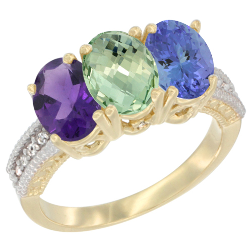 10K Yellow Gold Diamond Natural Purple & Green Amethysts & Tanzanite Ring Oval 3-Stone 7x5 mm,sizes 5-10