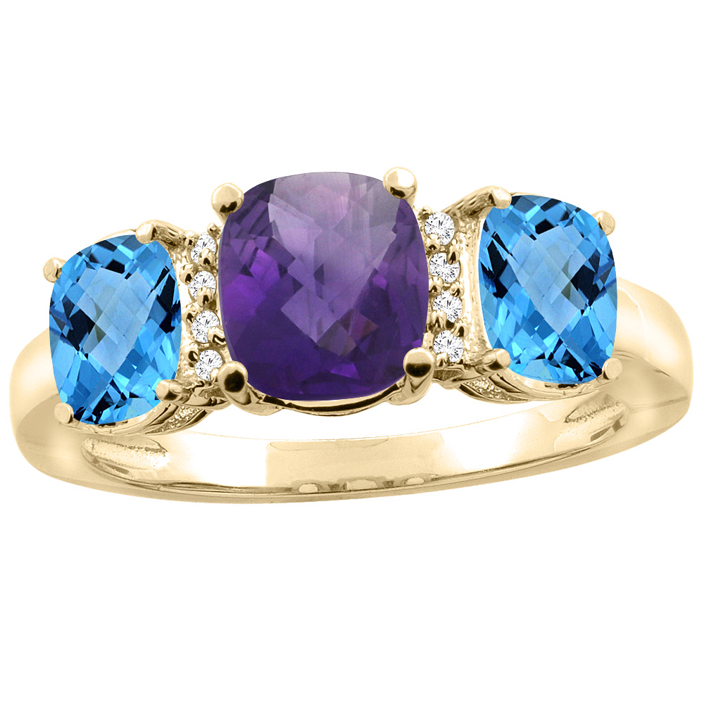 14K Yellow Gold Natural Amethyst & Swiss Blue Topaz 3-stone Ring Cushion 8x6mm Diamond Accent, sizes 5 - 10