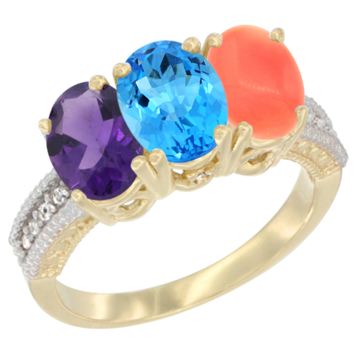 14K Yellow Gold Natural Amethyst, Swiss Blue Topaz & Coral Ring 3-Stone 7x5 mm Oval Diamond Accent, sizes 5 - 10