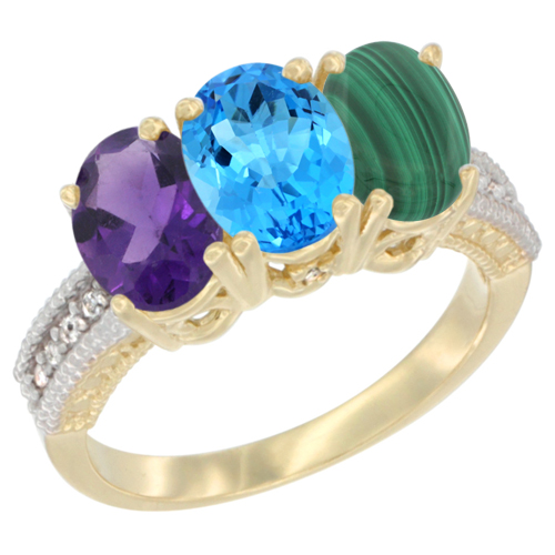 14K Yellow Gold Natural Amethyst, Swiss Blue Topaz & Malachite Ring 3-Stone 7x5 mm Oval Diamond Accent, sizes 5 - 10