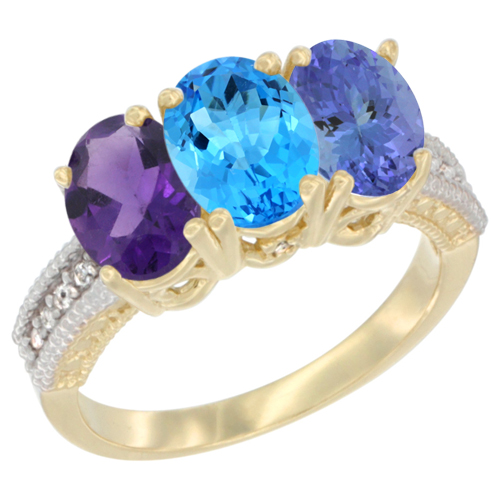 14K Yellow Gold Natural Amethyst, Swiss Blue Topaz & Tanzanite Ring 3-Stone 7x5 mm Oval Diamond Accent, sizes 5 - 10