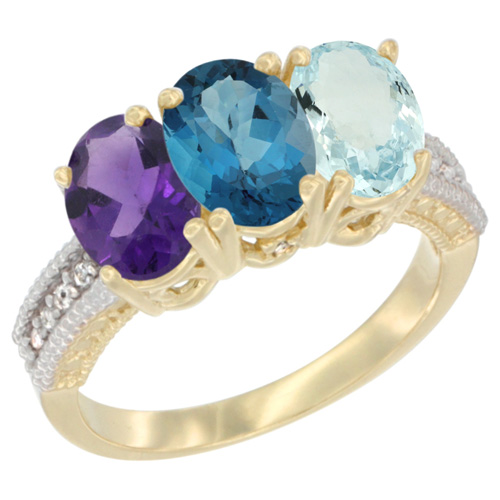 10K Yellow Gold Diamond Natural Amethyst, London Blue Topaz & Aquamarine Ring Oval 3-Stone 7x5 mm,sizes 5-10