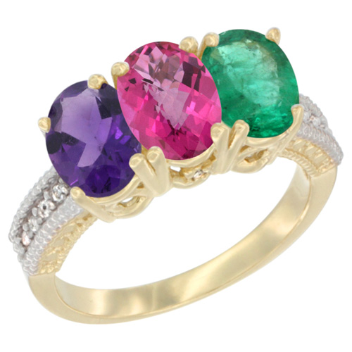 14K Yellow Gold Natural Amethyst, Pink Topaz & Emerald Ring 3-Stone 7x5 mm Oval Diamond Accent, sizes 5 - 10