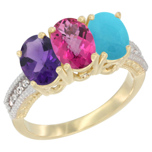 10K Yellow Gold Diamond Natural Amethyst, Pink Topaz & Turquoise Ring Oval 3-Stone 7x5 mm,sizes 5-10