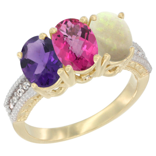 10K Yellow Gold Diamond Natural Amethyst, Pink Topaz & Opal Ring Oval 3-Stone 7x5 mm,sizes 5-10