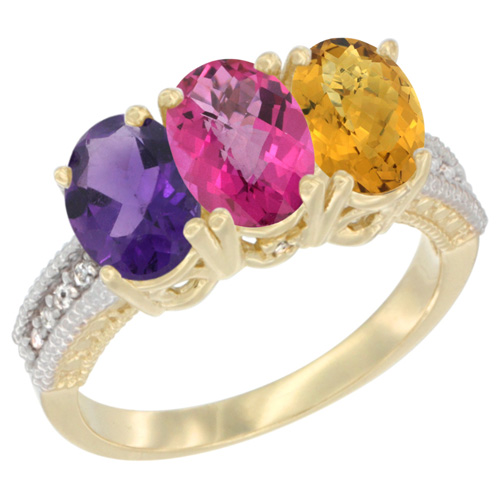 10K Yellow Gold Diamond Natural Amethyst, Pink Topaz & Whisky Quartz Ring Oval 3-Stone 7x5 mm,sizes 5-10