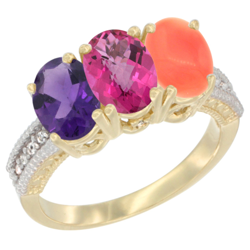 10K Yellow Gold Diamond Natural Amethyst, Pink Topaz & Coral Ring Oval 3-Stone 7x5 mm,sizes 5-10