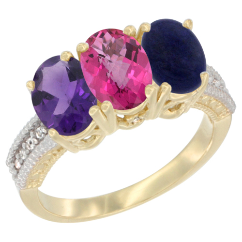 10K Yellow Gold Diamond Natural Amethyst, Pink Topaz & Lapis Ring Oval 3-Stone 7x5 mm,sizes 5-10