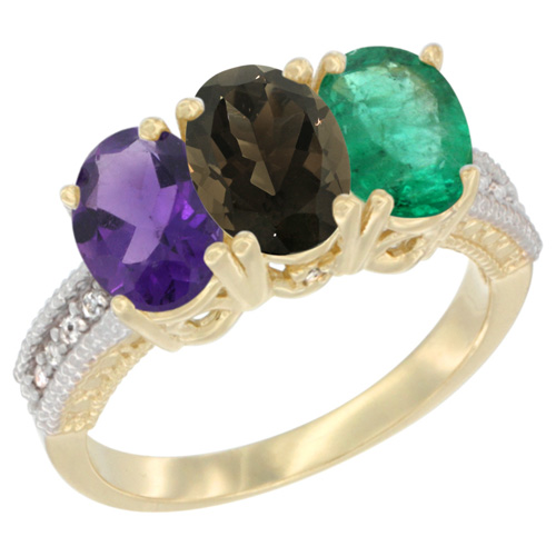 14K Yellow Gold Natural Amethyst, Smoky Topaz & Emerald Ring 3-Stone 7x5 mm Oval Diamond Accent, sizes 5 - 10