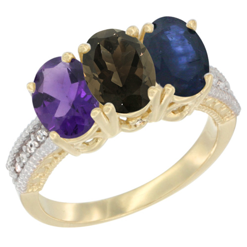 14K Yellow Gold Natural Amethyst, Smoky Topaz & Blue Sapphire Ring 3-Stone 7x5 mm Oval Diamond Accent, sizes 5 - 10