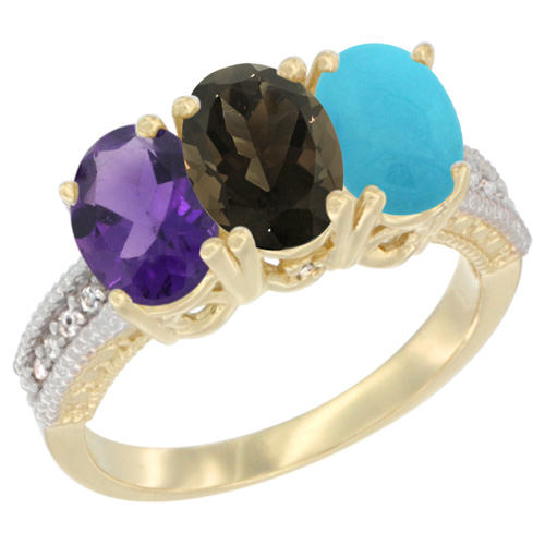 14K Yellow Gold Natural Amethyst, Smoky Topaz & Turquoise Ring 3-Stone 7x5 mm Oval Diamond Accent, sizes 5 - 10