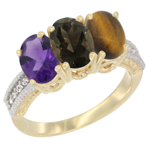 14K Yellow Gold Natural Amethyst, Smoky Topaz & Tiger Eye Ring 3-Stone 7x5 mm Oval Diamond Accent, sizes 5 - 10