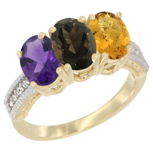 14K Yellow Gold Natural Amethyst, Smoky Topaz & Whisky Quartz Ring 3-Stone 7x5 mm Oval Diamond Accent, sizes 5 - 10