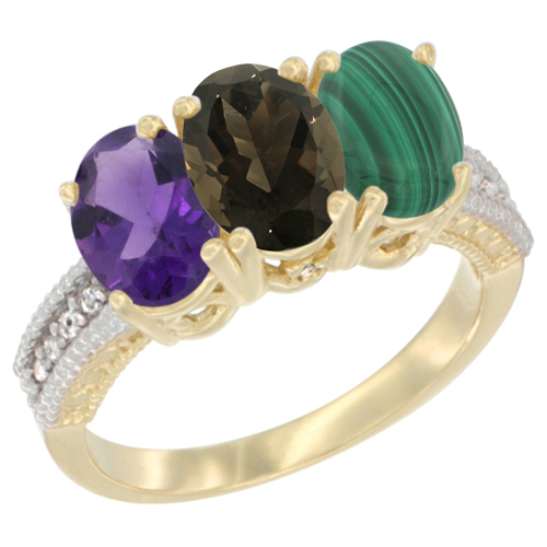 14K Yellow Gold Natural Amethyst, Smoky Topaz & Malachite Ring 3-Stone 7x5 mm Oval Diamond Accent, sizes 5 - 10