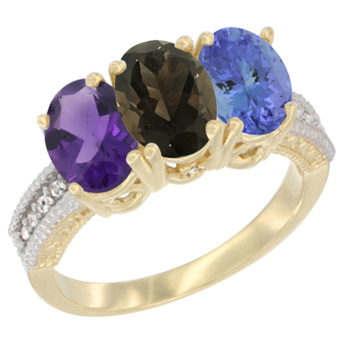 14K Yellow Gold Natural Amethyst, Smoky Topaz & Tanzanite Ring 3-Stone 7x5 mm Oval Diamond Accent, sizes 5 - 10