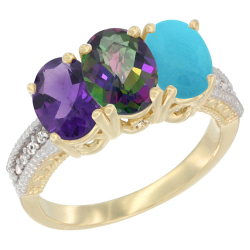 14K Yellow Gold Natural Amethyst, Mystic Topaz & Turquoise Ring 3-Stone 7x5 mm Oval Diamond Accent, sizes 5 - 10
