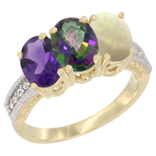 14K Yellow Gold Natural Amethyst, Mystic Topaz & Opal Ring 3-Stone 7x5 mm Oval Diamond Accent, sizes 5 - 10