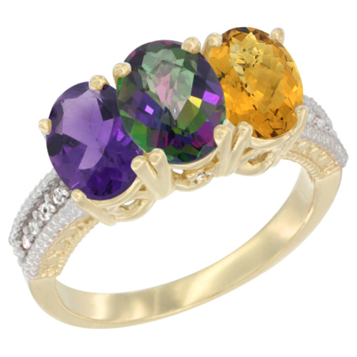 14K Yellow Gold Natural Amethyst, Mystic Topaz & Whisky Quartz Ring 3-Stone 7x5 mm Oval Diamond Accent, sizes 5 - 10