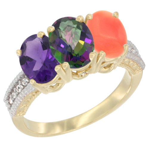 14K Yellow Gold Natural Amethyst, Mystic Topaz & Coral Ring 3-Stone 7x5 mm Oval Diamond Accent, sizes 5 - 10