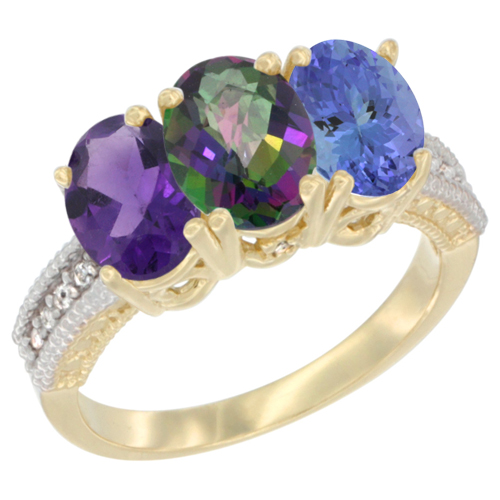 10K Yellow Gold Diamond Natural Amethyst, Mystic Topaz & Tanzanite Ring Oval 3-Stone 7x5 mm,sizes 5-10
