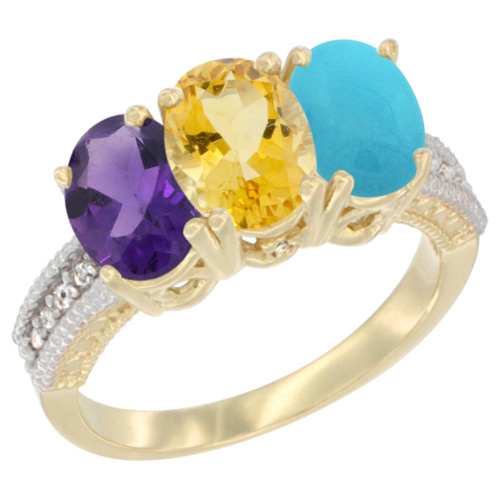 10K Yellow Gold Diamond Natural Amethyst, Citrine & Turquoise Ring Oval 3-Stone 7x5 mm,sizes 5-10