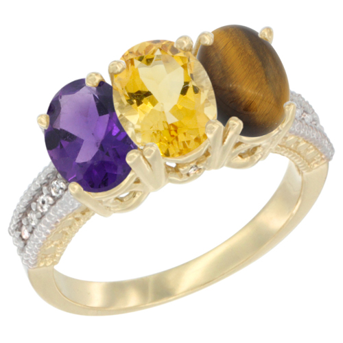 10K Yellow Gold Diamond Natural Amethyst, Citrine & Tiger Eye Ring Oval 3-Stone 7x5 mm,sizes 5-10