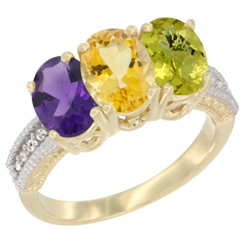 10K Yellow Gold Diamond Natural Amethyst, Citrine & Lemon Quartz Ring Oval 3-Stone 7x5 mm,sizes 5-10