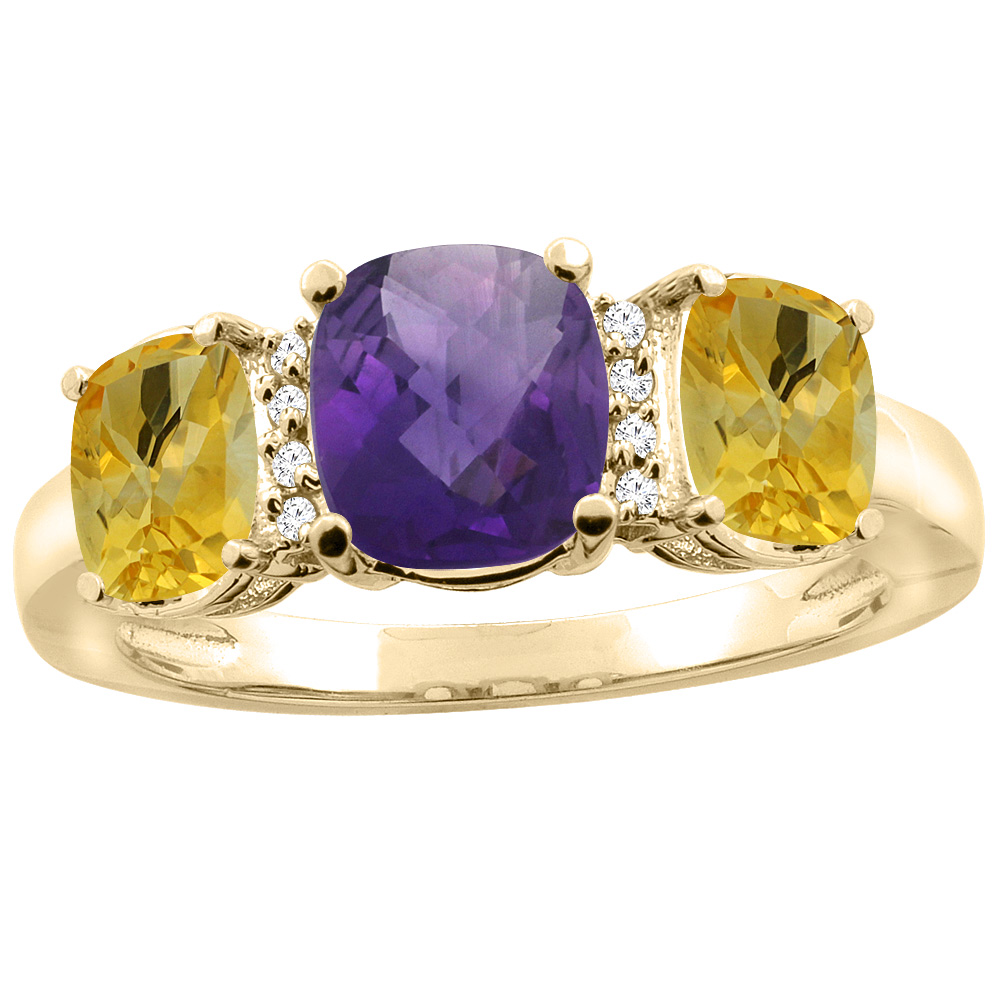 10K Yellow Gold Natural Amethyst & Citrine 3-stone Ring Cushion 8x6mm Diamond Accent, sizes 5 - 10