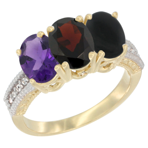 10K Yellow Gold Diamond Natural Amethyst, Garnet & Black Onyx Ring Oval 3-Stone 7x5 mm,sizes 5-10
