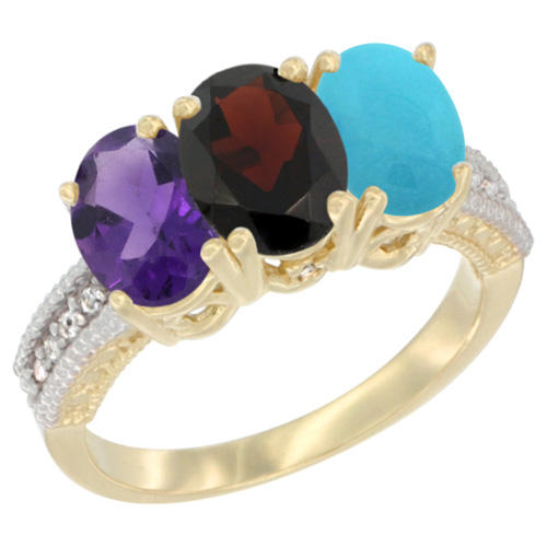 10K Yellow Gold Diamond Natural Amethyst, Garnet & Turquoise Ring Oval 3-Stone 7x5 mm,sizes 5-10