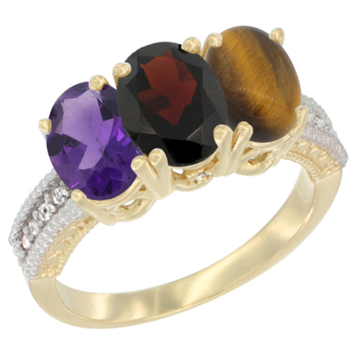 10K Yellow Gold Diamond Natural Amethyst, Garnet & Tiger Eye Ring Oval 3-Stone 7x5 mm,sizes 5-10