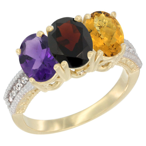 10K Yellow Gold Diamond Natural Amethyst, Garnet & Whisky Quartz Ring Oval 3-Stone 7x5 mm,sizes 5-10