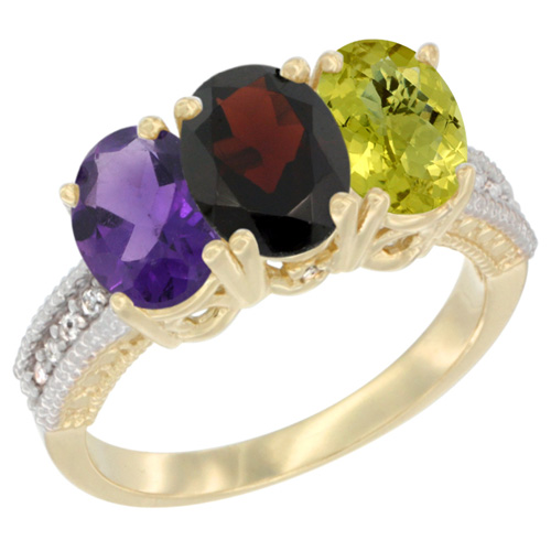 10K Yellow Gold Diamond Natural Amethyst, Garnet & Lemon Quartz Ring Oval 3-Stone 7x5 mm,sizes 5-10