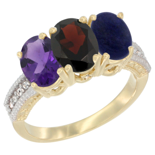 10K Yellow Gold Diamond Natural Amethyst, Garnet & Lapis Ring Oval 3-Stone 7x5 mm,sizes 5-10