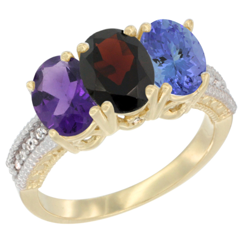 10K Yellow Gold Diamond Natural Amethyst, Garnet & Tanzanite Ring Oval 3-Stone 7x5 mm,sizes 5-10