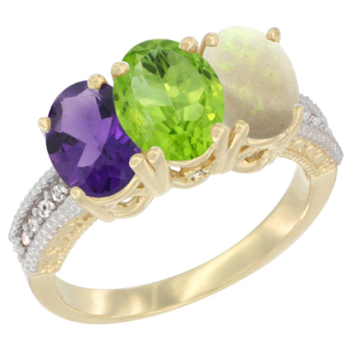 10K Yellow Gold Diamond Natural Amethyst, Peridot & Opal Ring Oval 3-Stone 7x5 mm,sizes 5-10