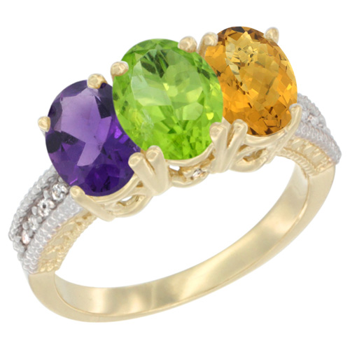 10K Yellow Gold Diamond Natural Amethyst, Peridot & Whisky Quartz Ring Oval 3-Stone 7x5 mm,sizes 5-10