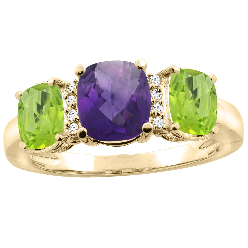 10K Yellow Gold Natural Amethyst & Peridot 3-stone Ring Cushion 8x6mm Diamond Accent, sizes 5 - 10