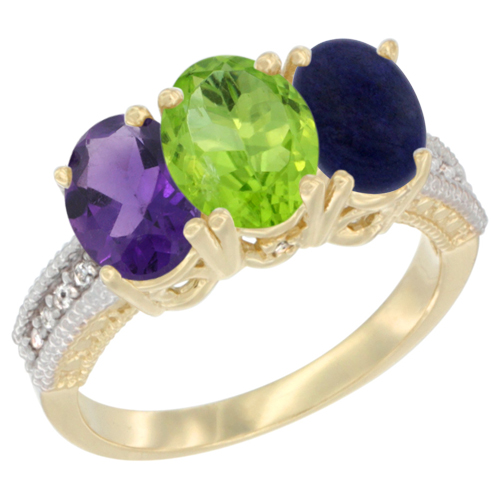 10K Yellow Gold Diamond Natural Amethyst, Peridot & Lapis Ring Oval 3-Stone 7x5 mm,sizes 5-10