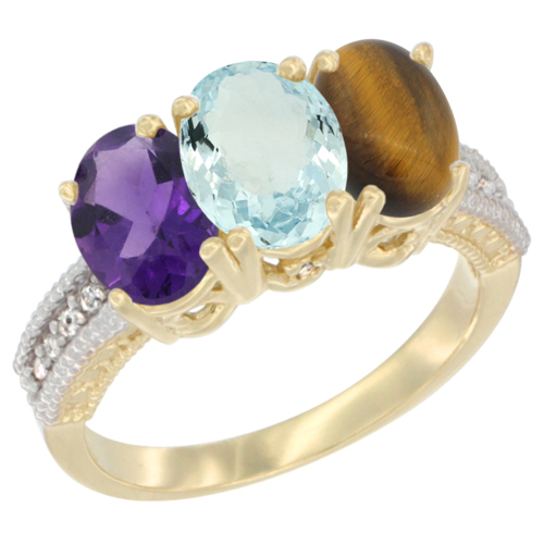 10K Yellow Gold Diamond Natural Amethyst, Aquamarine & Tiger Eye Ring Oval 3-Stone 7x5 mm,sizes 5-10